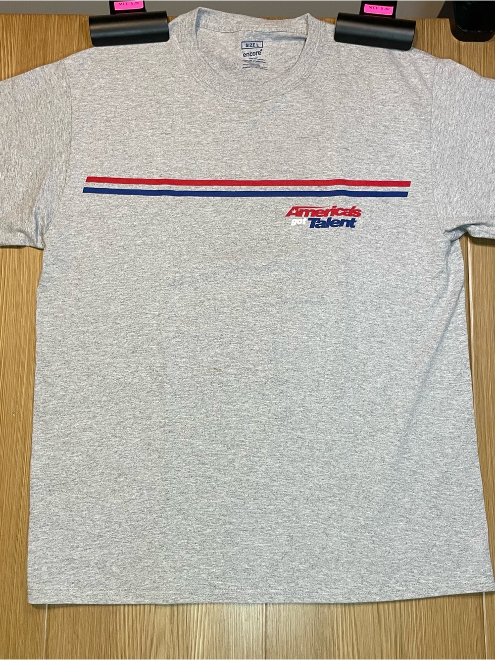 America's Got Talent Crew Graphic Tee Size L Grey Red Blue Stripe USA Made 2019